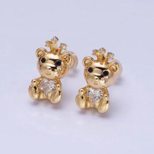 BEST SELLER! 18K Gold Crowned Princess Teddy Bear Earrings, Hypoallergenic